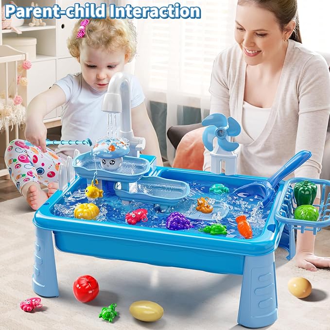 Water Table Play Sink Toy for Kids 2 3 4 5 6 Years Old - Outdoor Kitchen with Running Water, Fishing Games, Toddler Water Play Table for Kids Ages 3-8, Beach Outdoor Toys, Summer Gifts(Blue)
