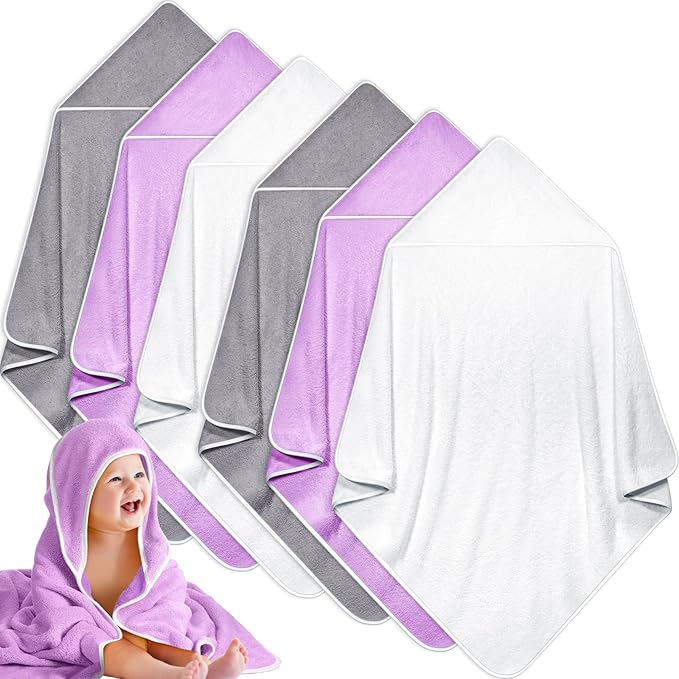 Chumia 6 Pack Baby Bath Towel Coral Fleece Soft Absorbent Newborn Hooded Towel for Kid 30 x 30 Inch Toddler Bath Blanket for Babies Infant Shower Gift(Grey/Beige/Purple)