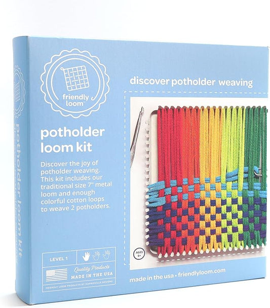 Friendly Loom 7” Traditional Potholder Weaving Kit | Sturdy Metal Loom and Quality Cotton Weaving Loops in Rainbow Colors | Complete Kit to Weave 2 Functional Potholders | Made in the USA