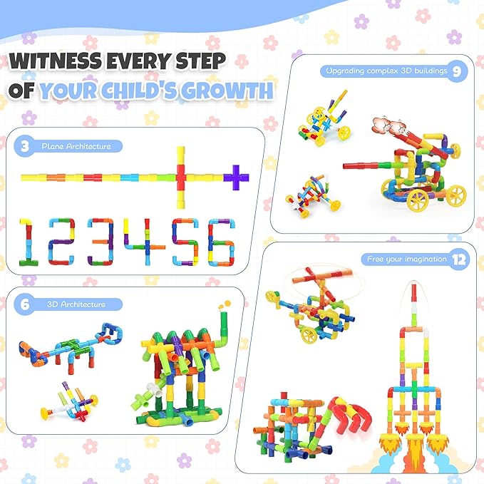 STEM Building Toy for Toddlers 200Pieces Tube Pipe Toy,Educational Preschool Game for 3+ Years,Learning Building Blocks Play with Storage Box Gift Kit,Montessori Toys for Boys & Girls