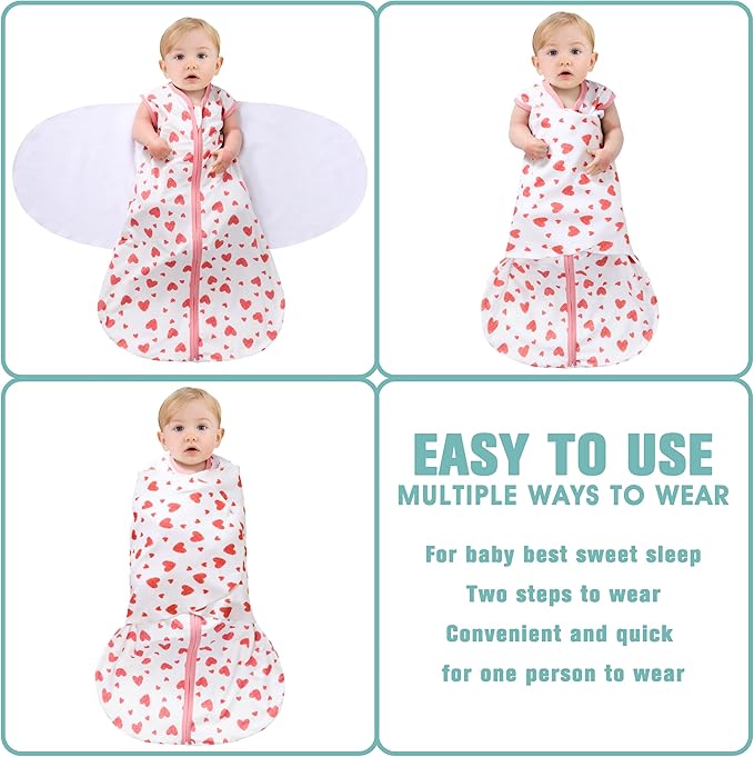Newborn Sleep Sack Baby Swaddle,Swaddle me 0-3 Month,3-Way Adjustable Wearable Blanket,100% Rayon Cotton Swaddling Sleeping Bag，TOG 0.5 (Love, 0-3 Months)