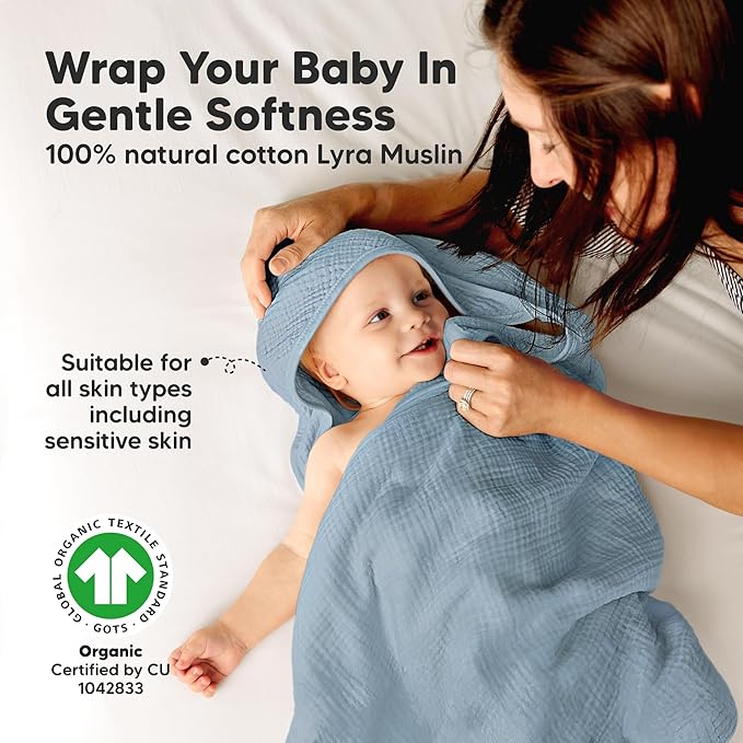 KeaBabies Muslin Hooded Baby Towels for Newborn Girls, Boys - 2-Pack, 30x30 Organic Cotton Baby Bath Towels Hooded, Soft Absorbent, Toddlers, Kids, Infant, Newborn Bath Essentials (Steel, Petite)