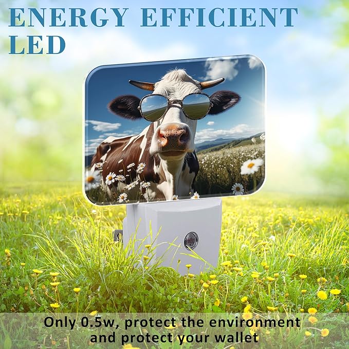 Cool Cow with Sunglasses Plug in Night Lights, Cute Cow Nightlight Plug Into Wall Dusk to Dawn Sensor for Kid Girls Boys Women Men Bedroom, Hallway, Kitchen, Bathroom, Stairs Decor
