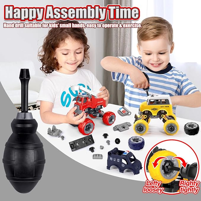 LUDILO Kids Boys Toys Age 4-6 5-7 6-8: 4 PCS DIY Assembly Building City Bus Ambulance Police Car Toy Fire Truck with Electric Drill, Stem Learning Toys Gifts for 3 4 5 6 7 8 Year Old Boys Girls Kids