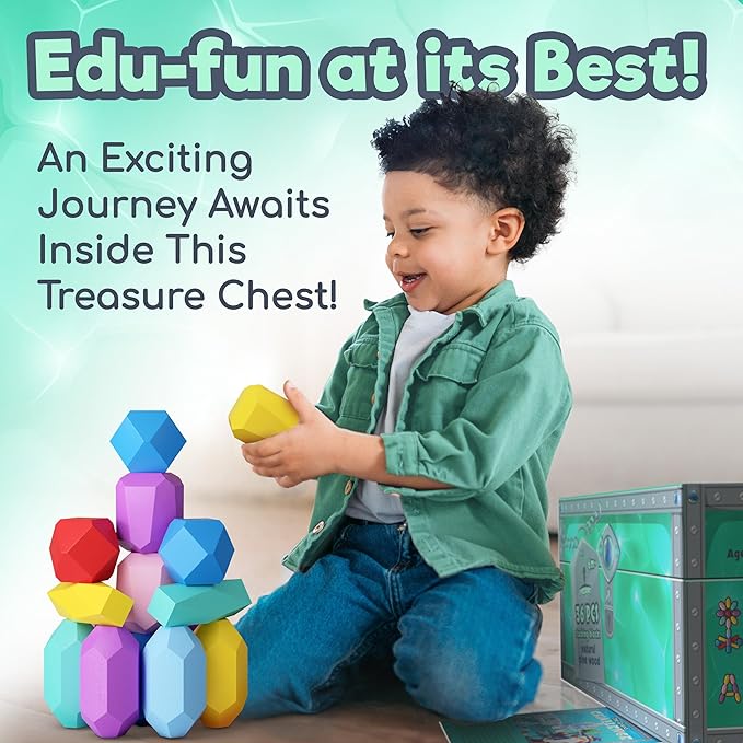 Wooden Stacking Blocks – Montessori Toys for 1 2 3 4 5 6 Year Old Toddlers and Kids, No Choking Hazard – Building Rocks Stones Games, for Girls and Boys