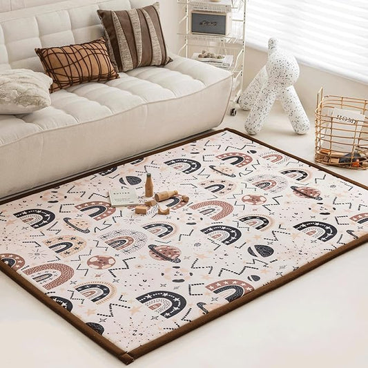 Loartee Rainbow Kids Play Mat - 1" Thick Baby Nursery Rug, Soft Crawling Mat for Toddlers and Tummy Time, Coral Velvet Memory Foam Rug, Brown, 50"x50"