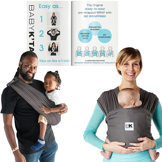 Breeze Baby K'tan Baby Carrier, #1 Easy Pre-Wrapped Baby Sling Gift | Breathable 100% Cotton Mesh | Hands Free Wrap for Infants | No Rings Or Buckles | Charcoal | X-Large