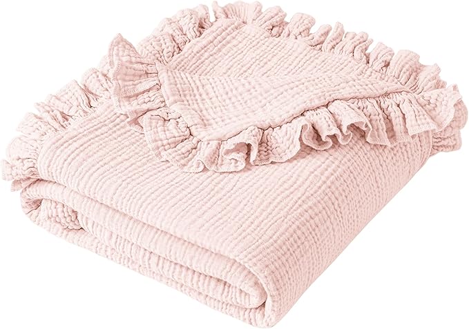 Konssy Flounce Muslin Baby Blankets, Cotton Crib Blanket for Baby Infant Toddler, Super Soft and Lightweight Nursery Blankets 40"x36" (Baby Pink)