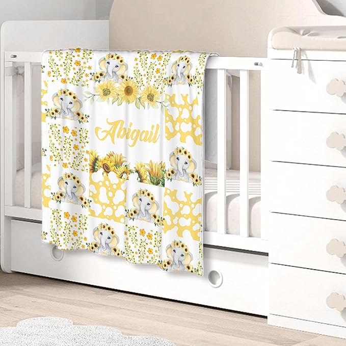 Personalized Elephant Baby Blanket with Name - Custom Swaddle Blanket for Toddlers, Infants, Kids, Newborns - Nursery Stroller Crib Decor Throw - Birthday Gift