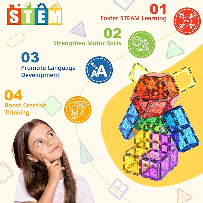 Coodoo 60 PCS Magnetic Building Tiles Kids Toys STEM Magnetic Blocks Sensory Toys Kids Games Magnet Building Toy for Boys and Girls Aged 3+, Kid Brain Development Preschool Kindergarten Toddler Toy