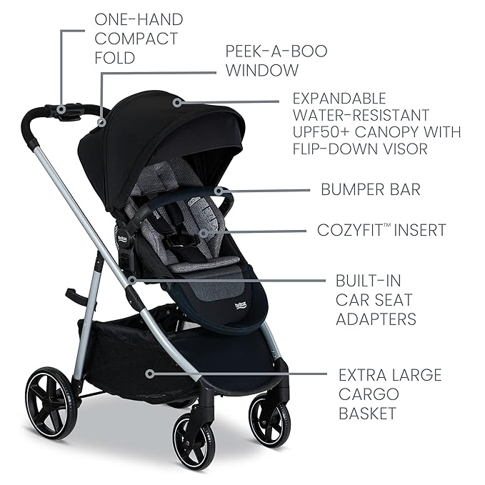 Britax Grove™ Modular Stroller, Lightweight Stroller with CozyFit™ Insert and Bumper Bar, 6 Ways to Ride, SafeWash, Pindot Onyx