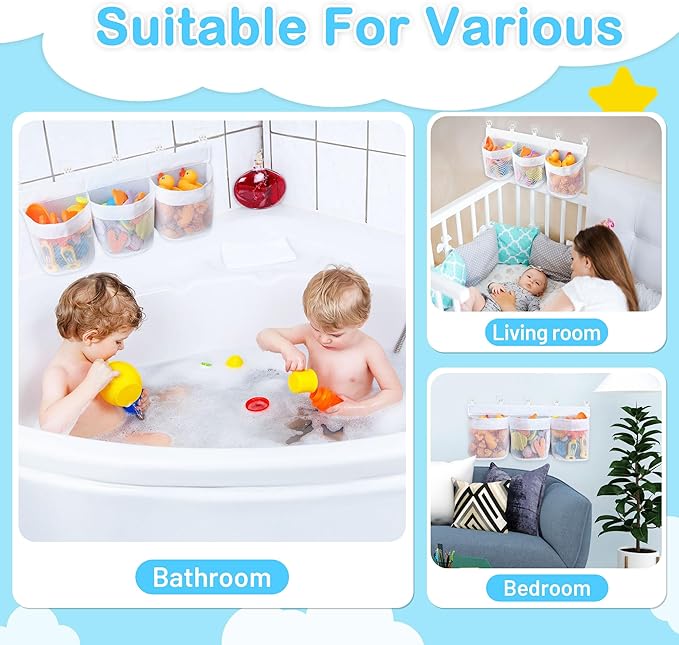 Bathtub Toy Storage, 3 Compartments Bath Toy Holder, Bath Toy Organizer with 5 Hooks Convenient Suspension, Mesh Material Bathtub Toy Storage Keeps Toys Dry & Breathable, Develop Children's Habits