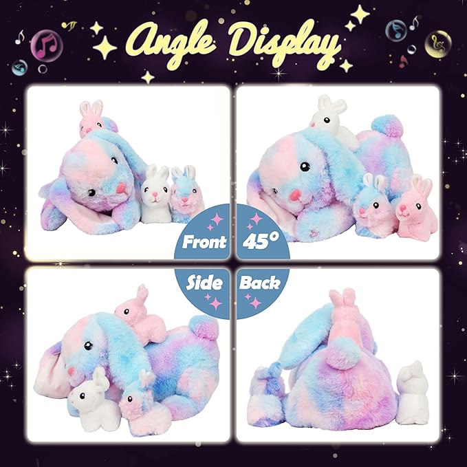 Hopearl LED Musical Stuffed Bunny Light up Singing Plush Toy Playset Mommy Rabbit with 3 Baby Bunnies in her Tummy Adjustable Volume Lullaby Animated Soothe Gifts for Kids Toddler Girls, Rainbow, 12''