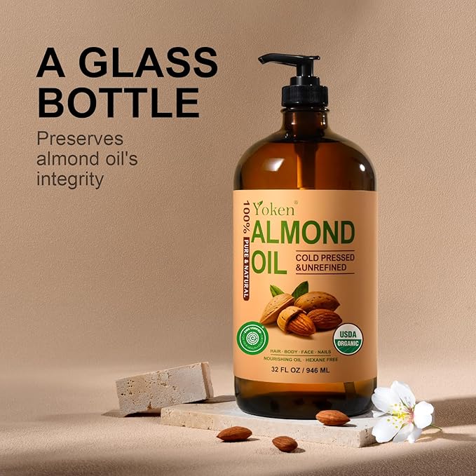 Organic Almond Oil 32 fl oz 100% USDA Pure Cold Pressed Glass Bottle Almond Oils for Skin, Hair, Face, Body Moisturizer, Smooth and Soft Skin, Base Carrier Oil for DIY, Massage