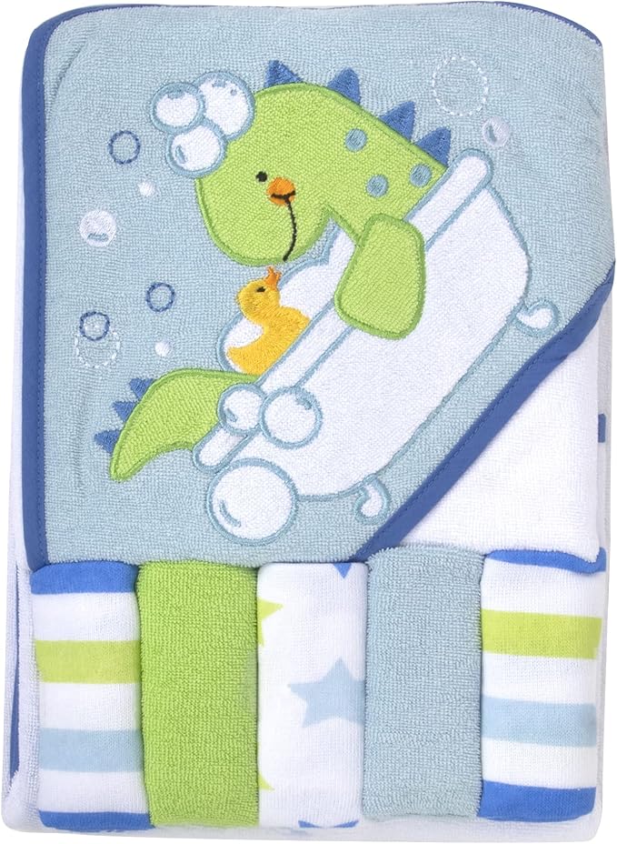Baby Hooded Towel and Washcloth Set for Infants, Boys and Girls 6-12 Months (Refreshed Rex)