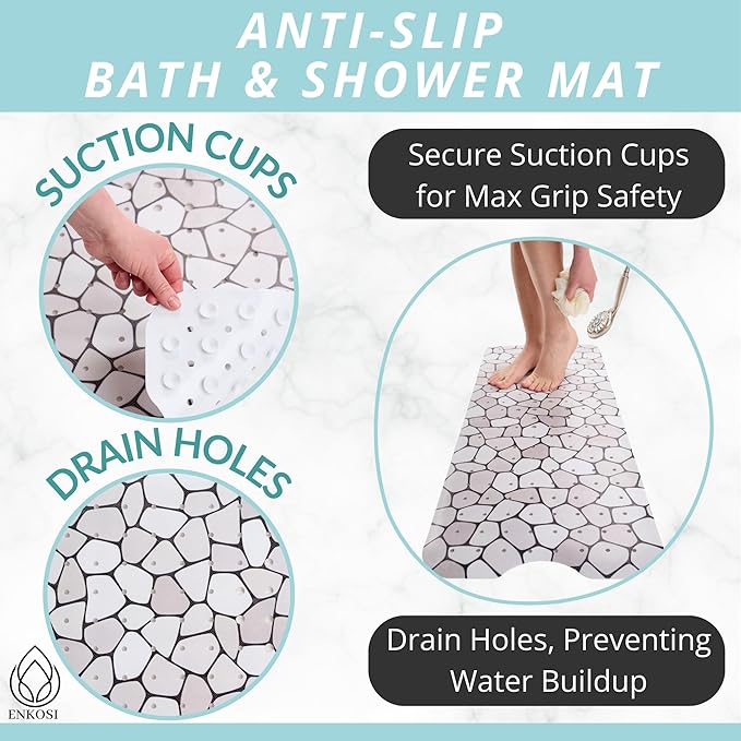 ENKOSI Bath Mat – Large 40 x 16 Inch Non-Slip Bathtub Mat with Secure Suction Cups & Drain Holes – Extra Long Bathroom Shower Mat for Tub with Grey Pebble Design (Grey Pebble 40x16)