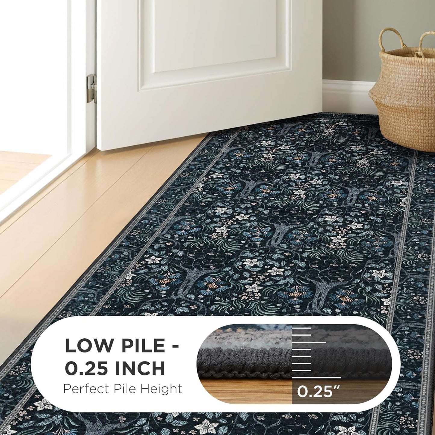 Joydeco Floral Washable Runner Rug for Kitchen, Forest Hallway Rug Runner 2x6 Non Slip, Boho Botanical Ultra-Thin Soft Indoor Floor Throw Carpet for Bathroom Entryway Foyer, Blue-Black