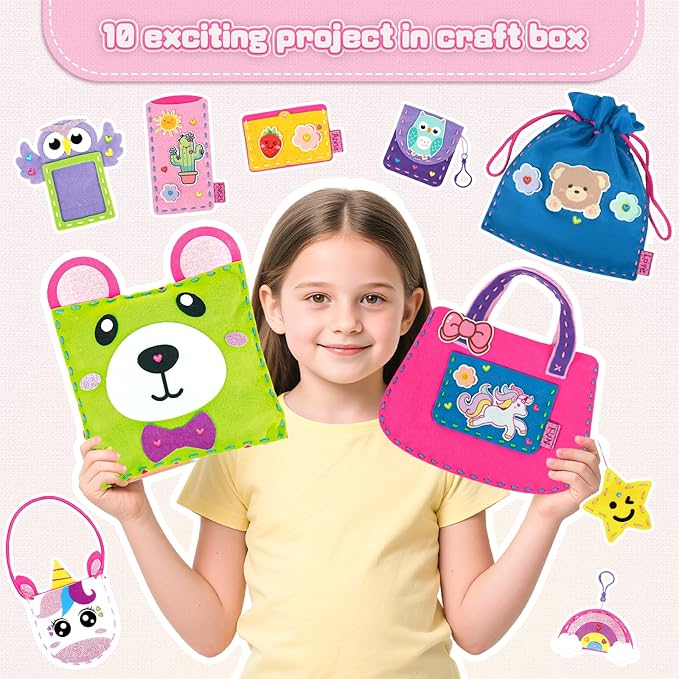 Sewing Kit for Kids, Arts & Crafts for Kids Ages 4-8,Craft Box 10 Felt DIY Projects of Stuffed Animal Dolls and Plush Pillow, Crafts Activities Gift for Girls Boys Age 6 7 8 9 10 11 12 Years Old