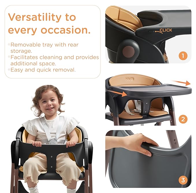 KUB High Chair for Babies and Toddlers Adjustable Foldable Convertible 5 Point Harness Easy Clean Wood-Printed Metal with Removable Tray Baby Highchair for Family (Black&Walnut Wood-Printed Metal)