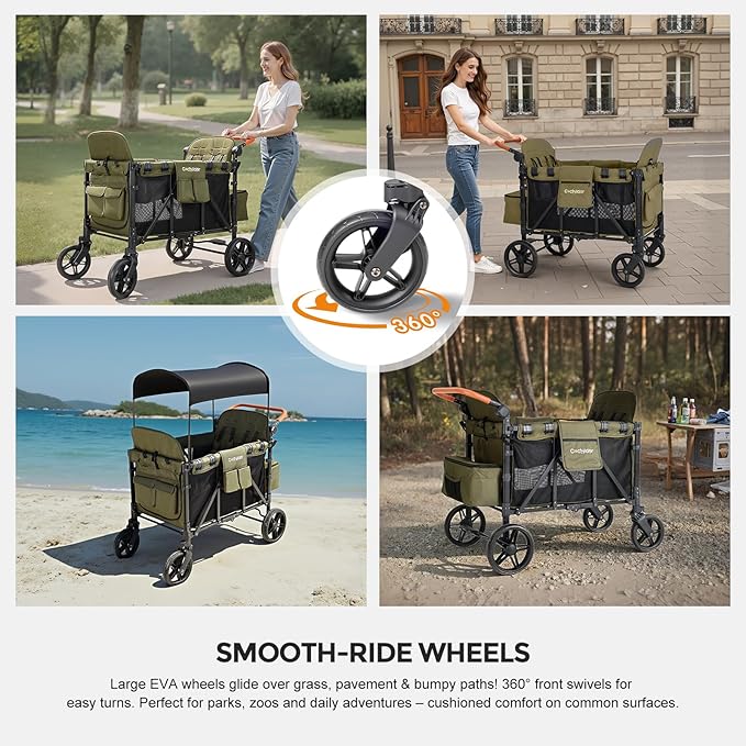 Elite 4-Seater Wagon Stroller for 2-4 Kids, One-Hand Fold, High Seats with 5 Point Harness, Adjustable Handle & Canopy, Green