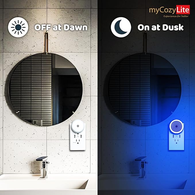 Blue LED Night Light, Plug in, Dusk to Dawn Smart Sensor, Small Round Nightlight, Energy Saving, Night light Plug into Wall for Bathroom, Kitchen, Bedroom, Hallway, Stairway, Travel, 2 Pack