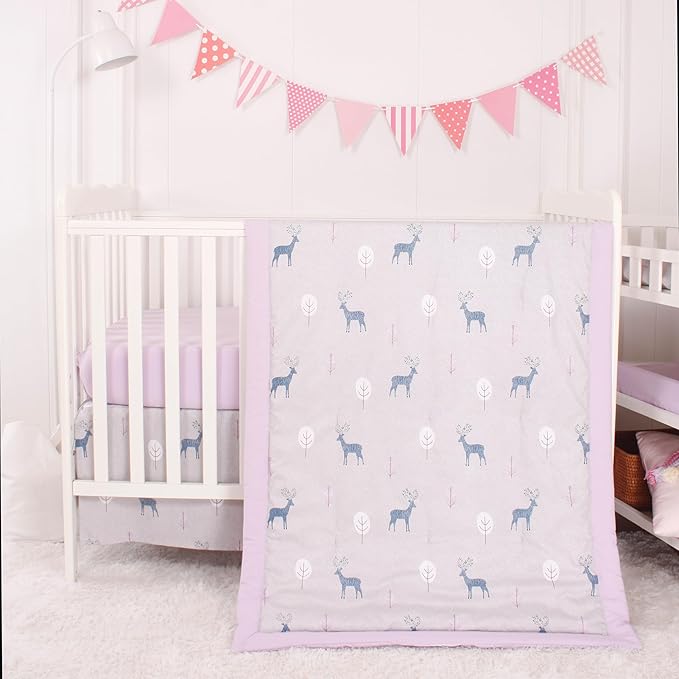 CaSaJa Baby 3-Piece Crib Bedding Set for Boys Girls, Including Soft Quilted Comforter(Blanket), Fitted Crib Sheet and Skirt, Soft Nursery Bedding Set Made of Silky Comfy Materials, Reindeer Forest