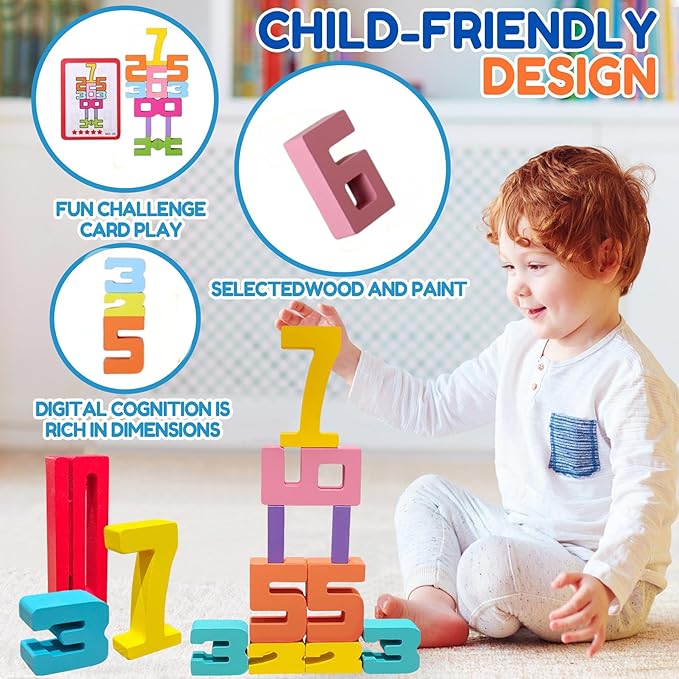 Wooden Number Building Blocks -20PC,Digital Building Blocks,Stacking 1-10 Number BlocksToy for Kids,Balance Competition Game, Math Learning Educational Gift for 3+ Years Old Boys Girls