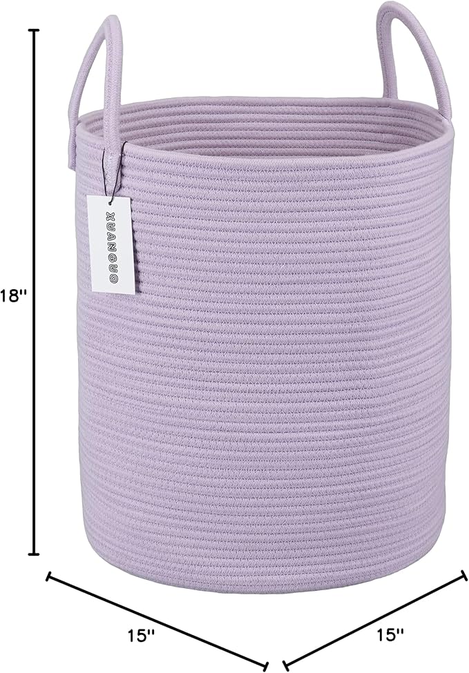 Rope Laundry Basket Hamper for Clothes Woven Storage Basket for Living Room Bedroom Boho Tall Rope Baskets for Blanket Toys Pillow Towels Baby Nursery Hamper Bin Large purple or lavender