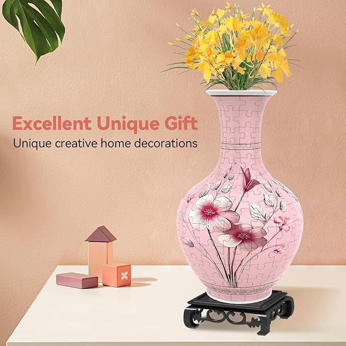 3D Puzzles Vase for Adults, Crafts for Adults, 164 Pieces Plastic DIY Unique Flower Vase with LED Light House Warming Gift Birthday Gifts for Flower Arrangements and Home Decor (Pink)