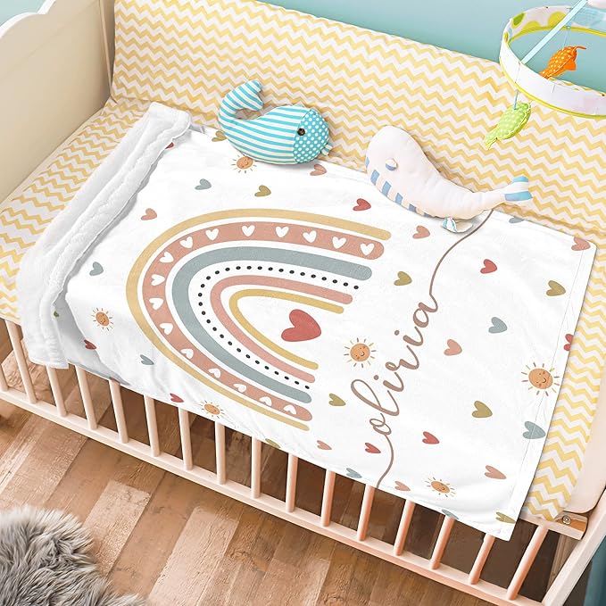 Personalized Baby Girl Blankets with Name, Custom Boho Rainbow Swaddle Blanket for Girls, Customize Newborn Shower Gifts for Baby Girl, Christmas Birthday Expecting Mom Gifts
