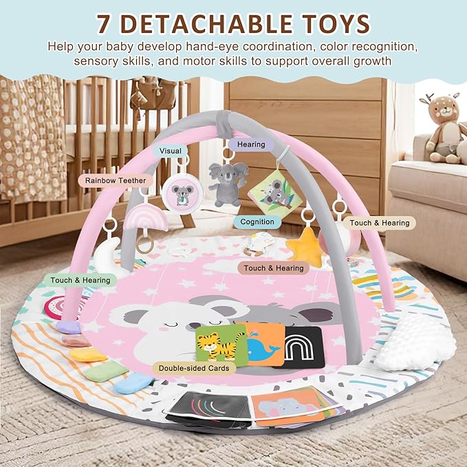 Baby Play Gym & Activity Mat, Tummy Time Mat with Tummy Time Pillow 7 Detachable Sensory Toys and Educational Cards for Motor Skills & Sensory Development, Baby Essentials Shower Gift, Pink Koala
