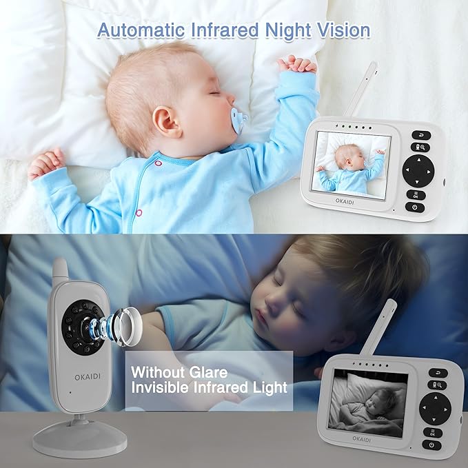 OKAIDI Baby Monitor with Camera and Audio, 3.2" IPS Screen Video Baby Monitor No WiFi, Infrared Night Vision, VOX Mode, Sound Activated Screen, 1000ft Transmission Range