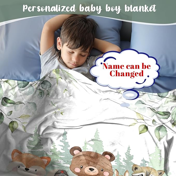 J&SBGFT Personalized Baby Blanket for Boys,Custom Baby Blanket with Name, Customized Name Blanket Receiving Blankets for Toddlers Kids Nursery Stroller Crib Decor Throw,Woodland Animal