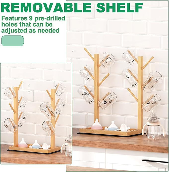 Baby Bottle Drying Rack, Vertical Bamboo Bottle Dryer Holder with Water Absorbent Pad, Space Saving Baby Bottle Organizer for Baby Bottles, Pump Part & Accessories(Natural, 12 Bottles)