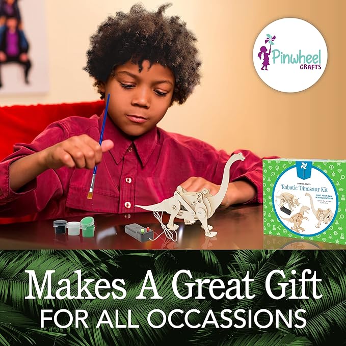 Pinwheel Crafts Robotic Dinosaur Arts & Crafts Science Kit for Kids Ages 6-12 – Wooden Dinosaur Toys with Paints – Ideal Gift for 6-Year-Old Boys