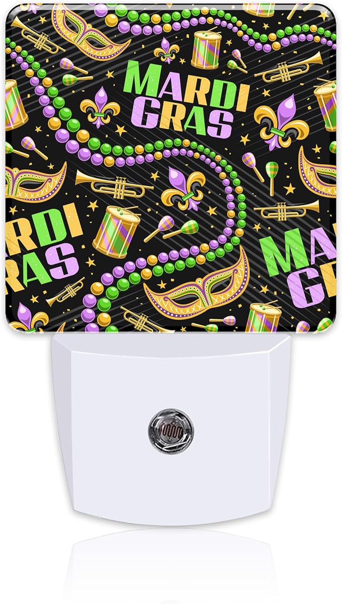 Happy Mardi Gras Night Light, Carnival Fleur De Lis Mask Beads Dusk to Dawn Night Light Plug in, 0.5w Energy Saving Sleep Friendly Nightlights for Kids Boys Girls Home Decor