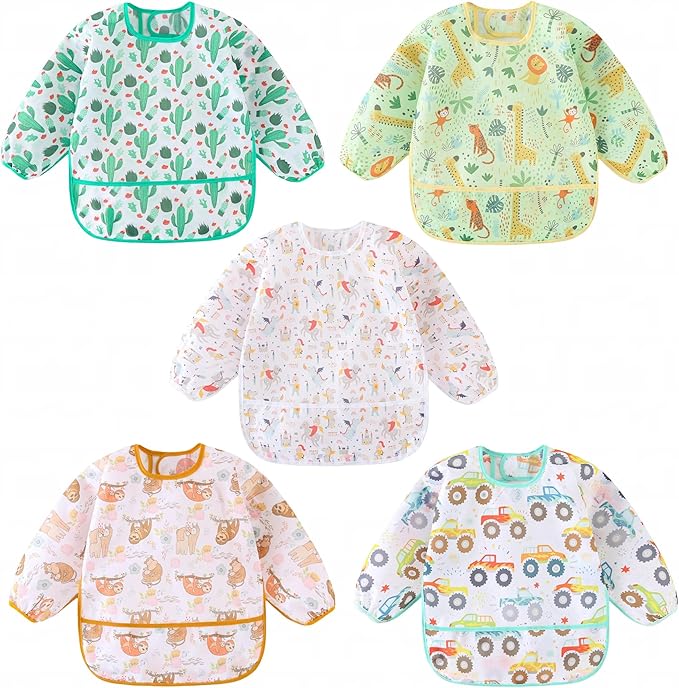 Long Sleeved Bibs, Pack of 5,Lightweight Waterproof Shirt Bibs for Baby Toddler 6-30 Months