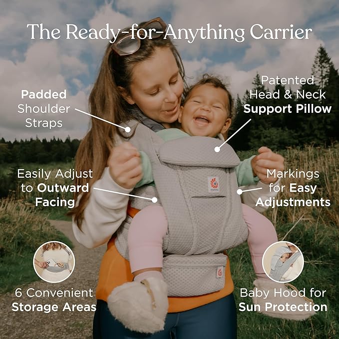 Ergobaby Omni Deluxe Baby Carrier Newborn to Toddler - Breathable Baby Carriers for Summer - All-Position Carrier with Enhanced Lumbar Support & Airflow (7-45 Pounds), Cotton, Pearl Grey
