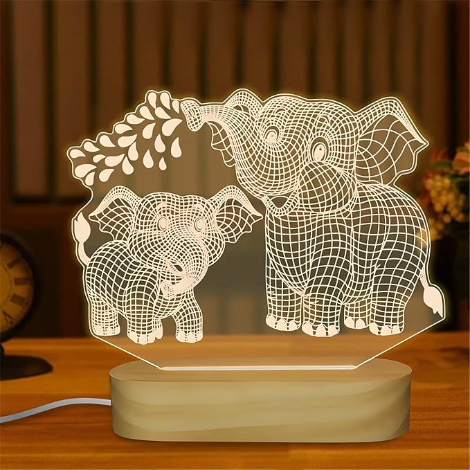 Elephant Shape 3D Crystal Acrylic Light Base with Wood Stand, LED Light for Kids Room Decor, Gift for Mom on Birthday or Holiday, Home Décor Art Display