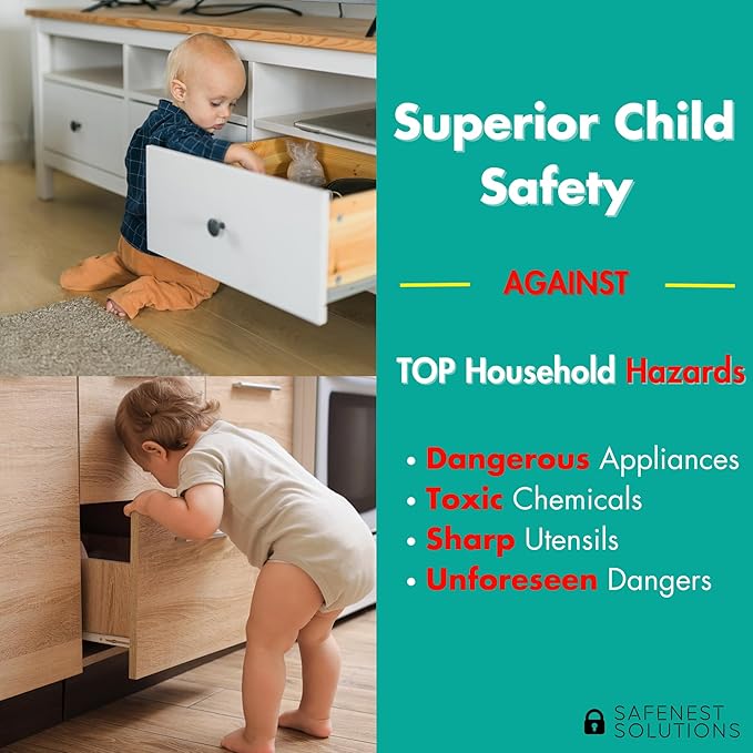 SAFENEST Child Proof Cabinet Locks (5 Pack Black) 3M Adhesive for Cabinets and Drawers, Fridge, Drawer Locks Baby Proofing, No Drilling; Alcohol Prep Pads Included