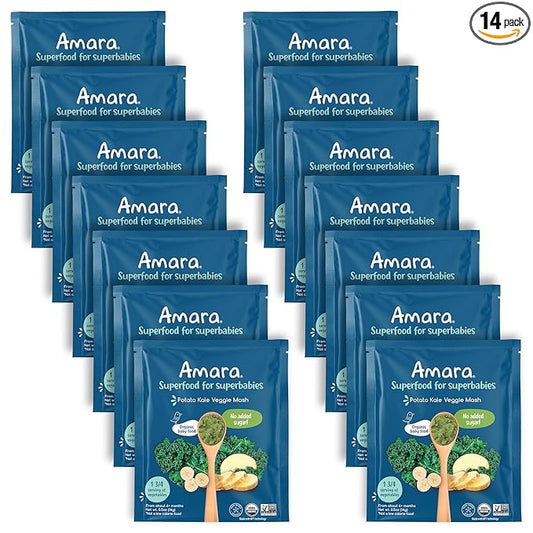 Amara Organic Baby Food - Stage 2 - Kale Potato - Baby Cereal to Mix With Breastmilk, Water or Baby Formula - Shelf Stable Baby Food Pouches Made from Organic Fruit and Veggies - 14 Pouches, 3.5oz Per Serving