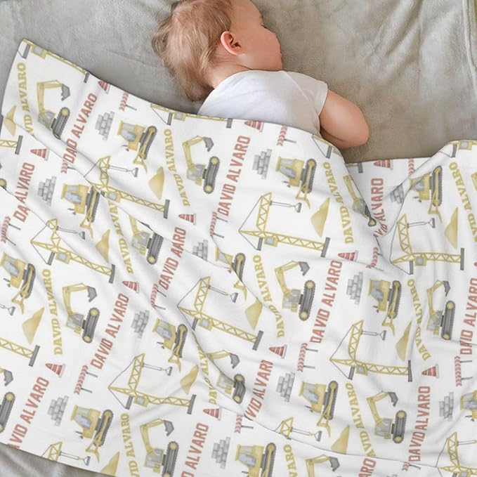 Ship Next Day, Personalized Baby Blanket for Boys Girls - Printed in USA, Custom Name Toddler Blanket with Excavator Pattern, Perfect Newborn Gift
