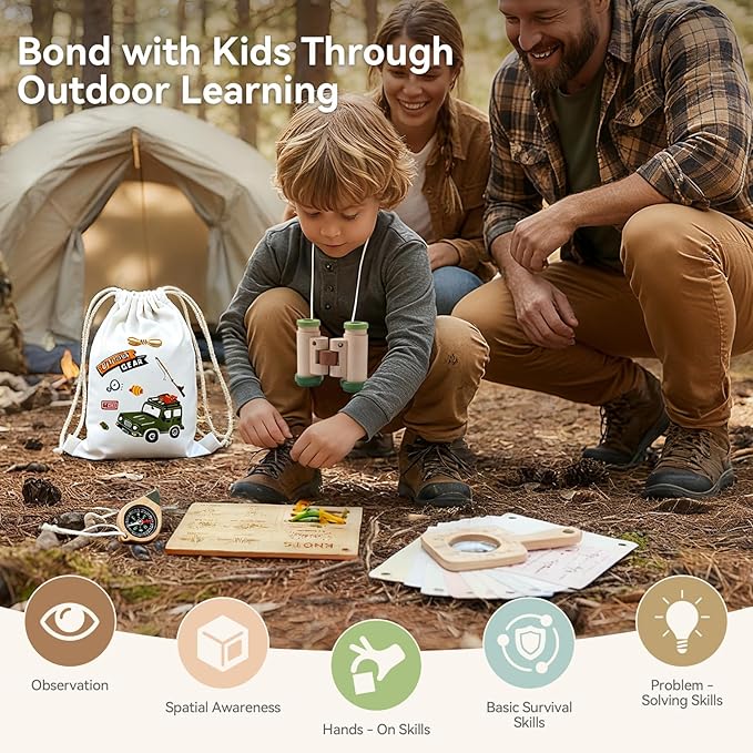 WOODEN TEETHER Kids Explorer & Adventure Kit for Ages 4–8, Wooden Knot Board (7 Step Cards) & Scrapbook, with Binoculars, Compass & Magnifying Glass, STEM Nature Exploration Toy