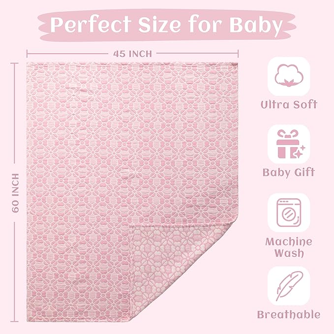 NTBAY 3 Layer Oversized Muslin Cotton Toddler Blanket, 45x60 Inches Jacquard Reversible Nursery Bed Blanket, Super Soft and Thermal Crib Blanket for All Seasons, Baby Gift, 45"x60", Pink Clover