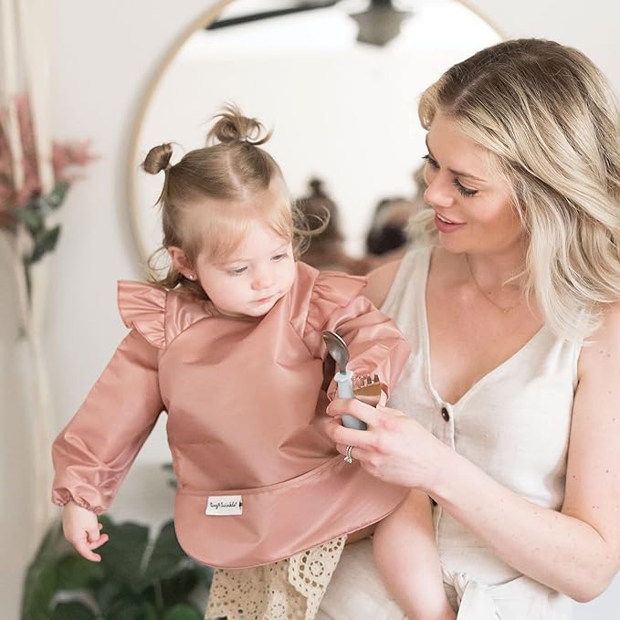 Tiny Twinkle Mess Proof Baby Bib,Waterproof Smock Baby Bib for Eating,Machine Washable Long Sleeve Bib,Baby Led Weaning,Toddler Bib,BLW Supplies(Taupe, Small 6-24 Months)