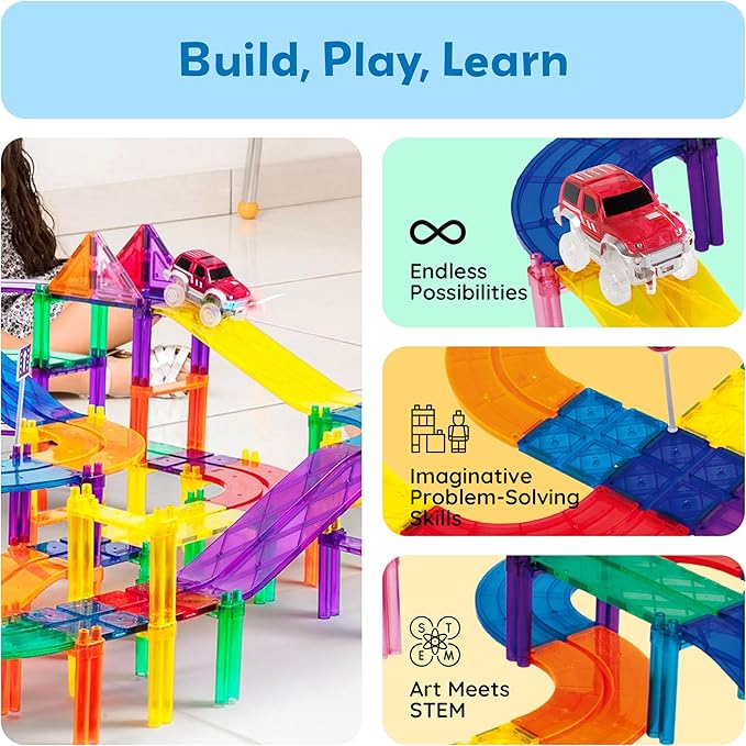 PicassoTiles 80pc Race Car Track Magnetic Tiles Building Block Educational Toy with 2 Light Up Cars Kids Toddler Toys Magnets Tile STEM Learning Construction Tracks for Fine Motor Skill Training PTR80
