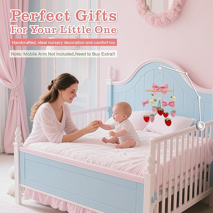 Strawberry Mobile for Crib Handmade Felt Nursery Decor Crib Mobile Goose for Bassinet Baby Shower Newborn Baby Gift (Bow Strawberry)