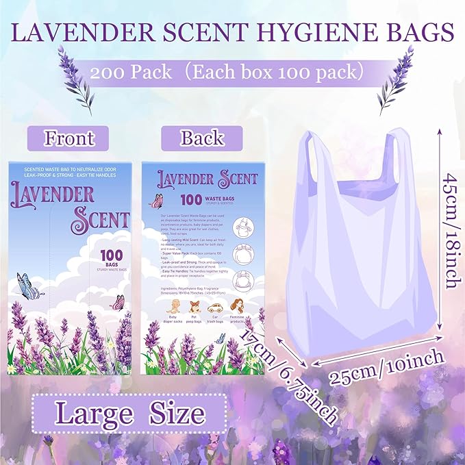 200 Pcs 17.7 x 9.8 in Lavender Scented Hygiene Bags Discreet Waste Disposal for Feminine Products, Diaper Disposal or Pet Waste Sacks with Easy-to-tie Tabs