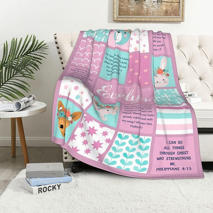 Personalized Baby Blankets with Name Christian Gift for Baby Plush Baptism Blanket Scripture Quote Swaddle Bible Verse Blanket for Girls Newborn Birthday Christmas Christening Godchild Gift