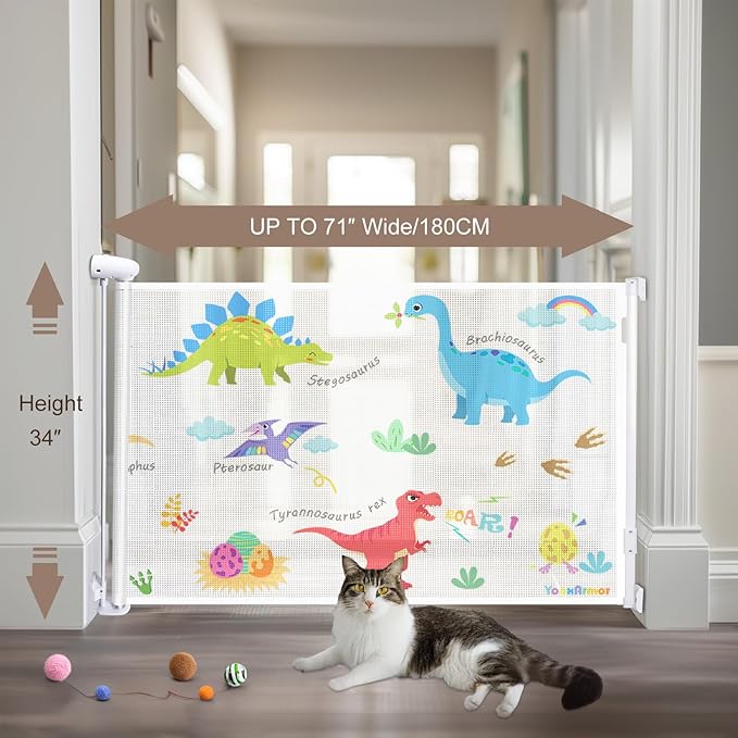 Retractable Baby Gate for Doorways and Stairs, Mesh Safety Gate for Pet, Indoor & Outdoor Use, One-Hand Operation, Easy Installation, 34" Tall, Expands to 71" Wide,Dinosaurs, 34"x71"